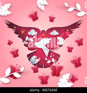 Colomba di carta illustrazione. butterfly, ramo, leaf, cloud star. Illustrazione Vettoriale