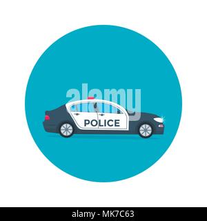 Pattuglia di polizia su una strada con auto della polizia. veicolo con tetto a luci lampeggianti. Appartamento illustrazione vettoriale. Illustrazione Vettoriale