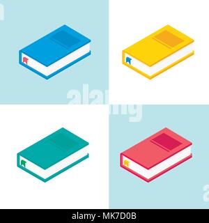 Isometrica, 3d forniture scolastiche impostato con le diverse icone colorate del libro. Il vettore si torna a scuola lo sfondo con articoli di cancelleria. Accessori per ufficio. Illustrazione Vettoriale