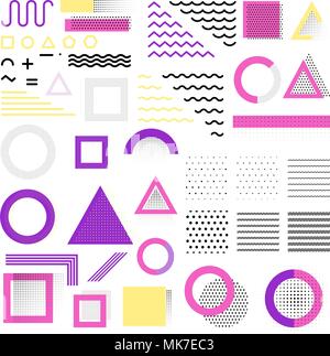 Set di moderna halftone astratto e memphis elementi di stile per poster, striscioni, volantini, opuscoli, sfondi e altro design Illustrazione Vettoriale