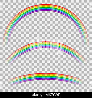 Curva arcobaleno colorato su sfondo a scacchi. Trasparente icona meteo. Spettro di pattern colorati Foto Stock