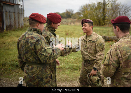 KOVIN, Serbia -- i paracadutisti da Grado Co. 2a Bn., 503rd Reggimento di Fanteria, 173rd Airborne Brigade scambi di patch con i paracadutisti dall esercito serbo's 63a Brigata paracadute durante l'esercizio Double Eagle 17. Esercizio Double Eagle è una azienda multi-nazionale a livello di inserimento airborne esercizio che intendono migliorare il rapporto tra gli Stati Uniti e Serbia, e rafforzare la sicurezza regionale. Foto Stock