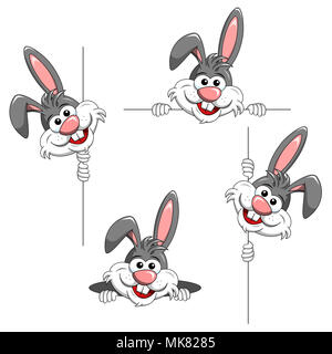 Set di cartoon divertente personaggio o coniglio mascotte spiata dietro poster o saltano fuori dal foro isolato su bianco Foto Stock