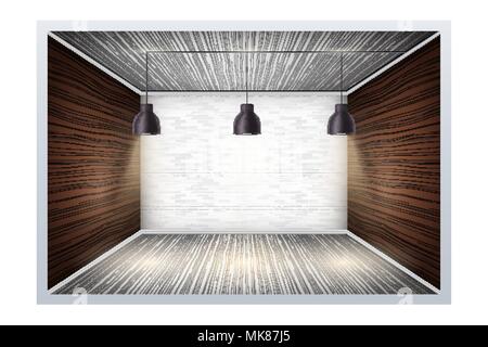 Esempio di una stanza vuota con un muro di mattoni e pannelli in legno. Semplice interno senza fornire e mobili. Imitazione di uno spazio tridimensionale. Vecto Illustrazione Vettoriale