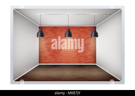 Esempio di una stanza vuota con un muro di mattoni e lampade vintage. Semplice interno senza fornire e mobili. Imitazione di uno spazio tridimensionale. Vecto Illustrazione Vettoriale
