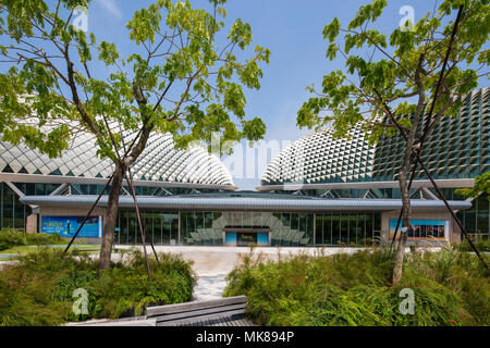 Design paesaggistico all'aperto all'architettura del Teatro Esplanade, un punto di vista simmetrico. Singapore. Foto Stock