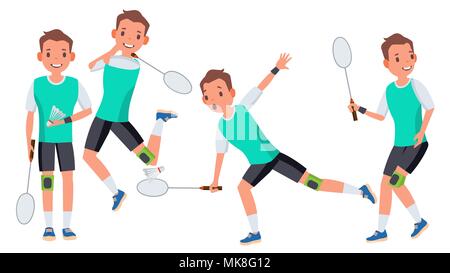 Uomo di badminton Player vettore maschio. Atleta in uniforme. Jumping, praticanti. Cartoon atleta illustrazione di carattere Illustrazione Vettoriale