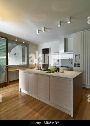 Scatti di interni di una moderna cucina con isola con pavimento in legno Foto Stock