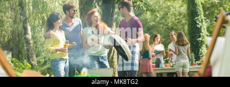 Gruppo di amici avente un barbecue in un parco Foto Stock