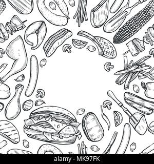 Disegnata a mano verdure grigliate vista superiore telaio, cucina vegetariana. Grill menu Design modello. Illustrazione Vettoriale. Design inciso. illustrazione. Il cibo Illustrazione Vettoriale