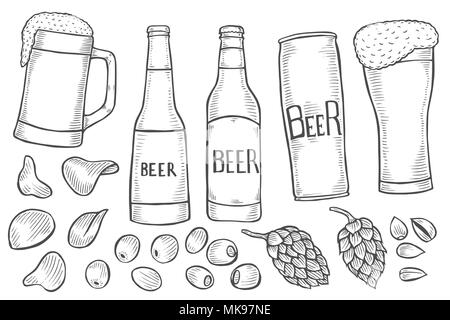 Set di vettore di una monocromatica di bottiglie di birra e di vetro, luppolo, olive, chip illustrazione vettoriale isolato su bianco Illustrazione Vettoriale