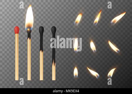 Vector realistico 3d match stick e fiamma di diverse serie di icone, closeup isolata sulla griglia di trasparenza dello sfondo. Tutto e bruciato matchstick. Fasi di masterizzazione del match. Simbolo di accensione, la masterizzazione e appassimento. Modello di progetto, clipart per la grafica Illustrazione Vettoriale