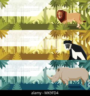 Immagine vettoriale del set di banner piatta con animali africani Lion, colobus e rinoceronte Illustrazione Vettoriale