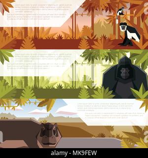 Immagine vettoriale del set di banner piatta con animali africani colobus, gorilla e ippopotamo Illustrazione Vettoriale