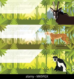 Immagine vettoriale del set di banner piatta con animali africani antilope, ghepardi e colobus Illustrazione Vettoriale