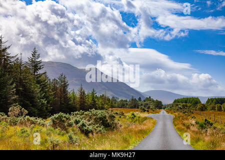 Direttamente una corsia stradale del paese con passaggio di luoghi andando attraverso la paesaggistica paesaggio scozzese a Isle of Mull, Ebridi Interne, Scotland, Regno Unito Foto Stock