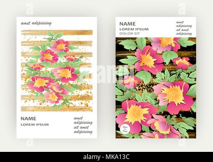 Biglietti di auguri con fiori ghirlanda di rose con foglie di oro bianco linee geometriche di sfondo alla moda ornamento nuziale rosa rivista floreali poster invitare. G Illustrazione Vettoriale