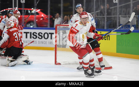 KIRILL KAPRIZOV dei punteggi di Russia durante i Campionati Mondiali di hockey su ghiaccio match Russia vs. Austria a Copenhagen, in Danimarca., 6 maggio 2018. (CTK foto/Ondrej Deml) Foto Stock