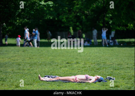 Londra, Regno Unito. 7 maggio 2018. Regno Unito - Previsioni del tempo - una donna sunbathes il più caldo il May Bank Holiday sul record nel Regent's Park. Credito: Stephen Chung / Alamy Live News Foto Stock