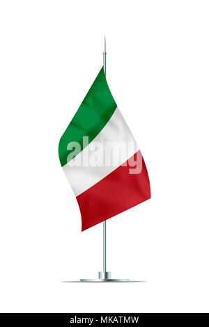 Bandiera Italiana Piccola su un palo metallico. La bandiera è ben dettagliate texture tessili. Isolato su sfondo bianco. Il rendering 3D. Foto Stock