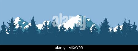 Vettore di foresta di pini la configurazione di sfondo abstract del bianco e del blu panorama della natura paesaggio con evergreen alberi di conifere e sagome di montagna. Illustrazione Vettoriale