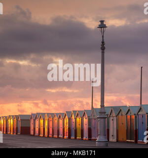 Luce dorata al tramonto che brilla sulla pittoresca spiaggia di capanne a Hove, East Sussex, Regno Unito. Foto Stock