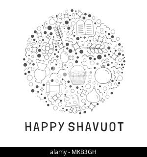 Shavuot holiday design piatto nero linea sottile set di icone in forma rotonda con testo in inglese 'Felice Shavuot'. Illustrazione Vettoriale