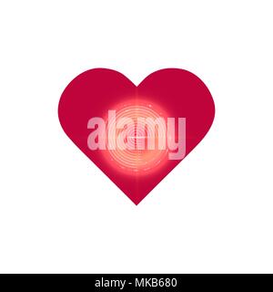 Amore Target icona Logo Design. Glitch, effetto neon. Cuore in Target obiettivo icona linea. Love Dating simbolo. Il giorno di San Valentino di segno. Appartamento alla moda di disegni geometrici. Vettore Illustrazione Vettoriale