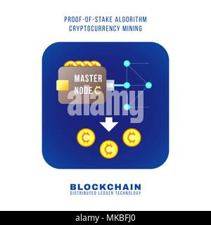 Vector colorato design piatto prova del gioco cryptocurrency algoritmo di data mining POS principio spiegare lo schema illustrativo blu arrotondato icona quadrata isolato Illustrazione Vettoriale