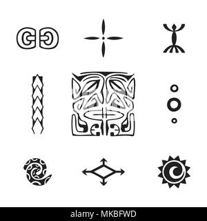 Vector nero inchiostro monocromatico disegnati a mano polinesiano autentico folk art simboli Tiki, IPU, Tapa fiore, Enata, spear teste, Kautupa, felce, uccelli net, sun il Illustrazione Vettoriale