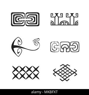 Vector nero inchiostro monocromatico disegnati a mano polinesiano autentico folk art simboli double ipu, Pohu, squalo martello, Pahito pokaka, gamberi, uccelli net illust Illustrazione Vettoriale