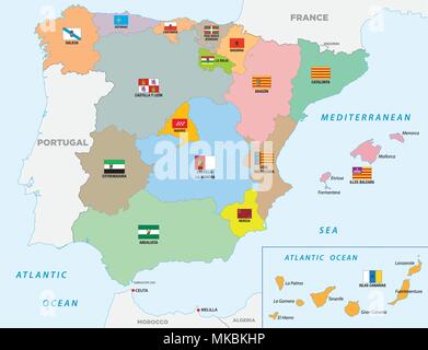 Spagna politica e amministrativa di mappa vettoriale con bandiere Illustrazione Vettoriale