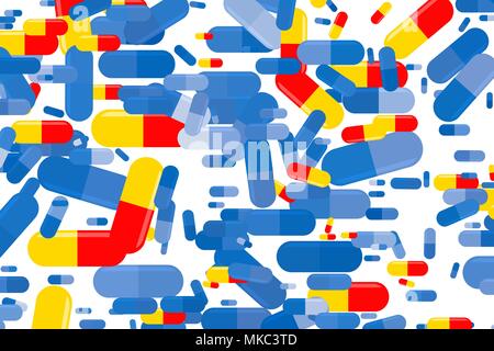 Abstract illustrazioni delle capsule, medicina o pillole, modello concettuale. Buona per la progettazione dello sfondo. Farmacia concettuale della salute. Vettore grafico. Illustrazione Vettoriale