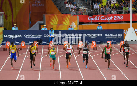 GOLD COAST, Australia - 8 aprile: Ramon Gittens, Yohan Blake, trae Williams, Adam Gemili, Gavin Smellie, Jason Rogers, Emmanuel Callender competere nel Foto Stock