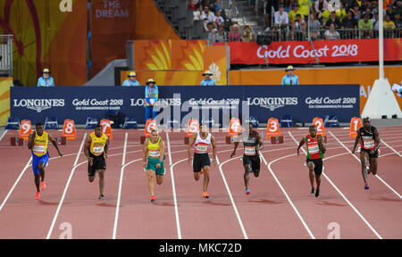 GOLD COAST, Australia - 8 aprile: Ramon Gittens, Yohan Blake, trae Williams, Adam Gemili, Gavin Smellie, Jason Rogers, Emmanuel Callender competere nel Foto Stock