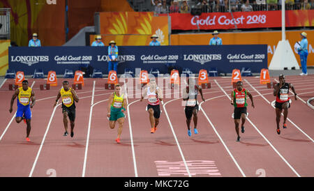 GOLD COAST, Australia - 8 aprile: Ramon Gittens, Yohan Blake, trae Williams, Adam Gemili, Gavin Smellie, Jason Rogers, Emmanuel Callender competere nel Foto Stock