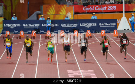 GOLD COAST, Australia - 8 aprile: Ramon Gittens, Yohan Blake, trae Williams, Adam Gemili, Gavin Smellie, Jason Rogers, Emmanuel Callender competere nel Foto Stock