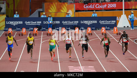 GOLD COAST, Australia - 8 aprile: Ramon Gittens, Yohan Blake, trae Williams, Adam Gemili, Gavin Smellie, Jason Rogers, Emmanuel Callender competere nel Foto Stock