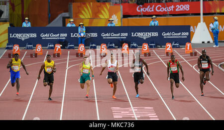 GOLD COAST, Australia - 8 aprile: Ramon Gittens, Yohan Blake, trae Williams, Adam Gemili, Gavin Smellie, Jason Rogers, Emmanuel Callender competere nel Foto Stock