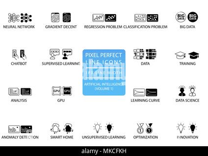 Pixel perfetta linea sottile di icone e simboli impostati per l'intelligenza artificiale / IA. Illustrazione Vettoriale
