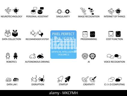 Pixel perfetta linea sottile di icone e simboli impostati per l'intelligenza artificiale / IA. Illustrazione Vettoriale