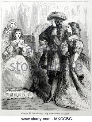 Re Carlo II, 1630 - 1685, introducendo Lady Castlemaine, uno dei suoi tanti amanti a corte antica illustrazione dal 1880 Foto Stock