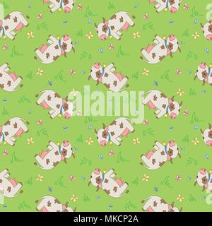 Vector seamless con motivo in stile cartoon vacche, zanzare e farfalle. Illustrazione Vettoriale