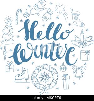 Ciao handlettering invernale con elementi di natale. Durante la stagione invernale, schede di saluti per i social media, tipografia, t-shirt stampa. Illustrazione Vettoriale