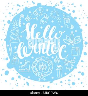 Ciao handlettering invernale con elementi di natale. Durante la stagione invernale, schede di saluti per i social media, tipografia, t-shirt stampa. Illustrazione Vettoriale