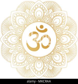 Golden Aum Om simbolo Ohm in tondo decorativo mandala ornamento, perfetto per t-shirt prints, poster, disegno tessile tipografia merci. Illustrazione Vettoriale