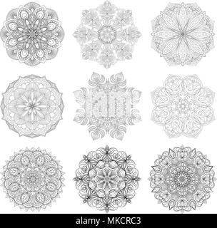 Set di 9 disegnati a mano vector arabo mandala su sfondo bianco. Etnica ornamento decorativo. Contorno simboli mandala per la colorazione di pagina. Rotondo o astratto Illustrazione Vettoriale