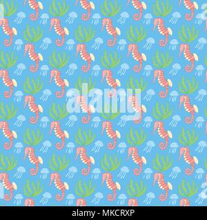 Modello senza cuciture con animali subacquei. Sea life disegno vettoriale. Sea life sfondo senza giunture. Cartoon modello subacqueo. Tropical patte subacquea Illustrazione Vettoriale