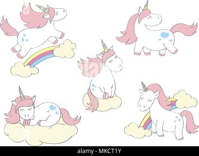Magic carino unicorns impostato in stile cartoon. Doodle unicorns per schede, poster, t-shirt stampe, il design tessile Illustrazione Vettoriale