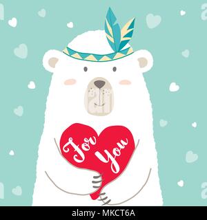 Illustrazione Vettoriale di Cartoon carino sostenere tenendo il cuore e scritto a mano scritte per voi per valentines card, cartelloni, t-shirt stampe, saluto auto Illustrazione Vettoriale